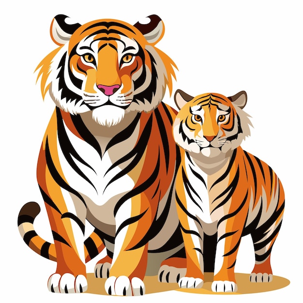 An Adult Tiger and Its Cub Stand Side by Side