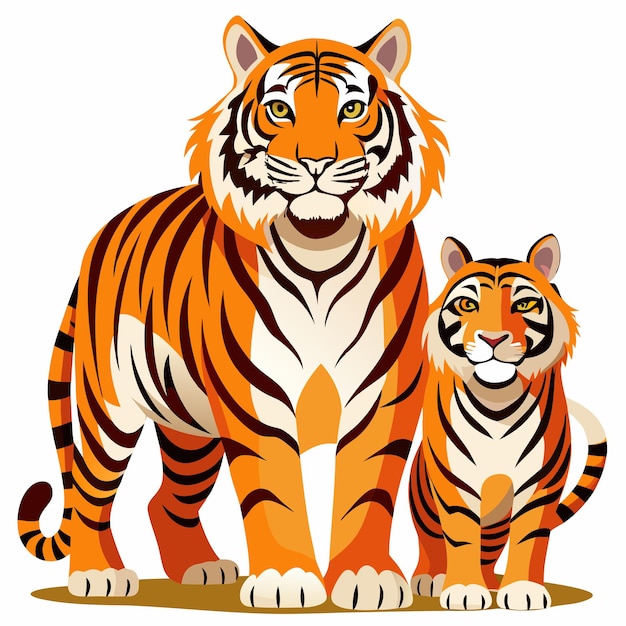 An Adult Tiger and Its Cub Standing Side by Side