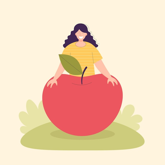 Vector adult woman farmer with a big apple harvesting concept vegetarianism healthy food