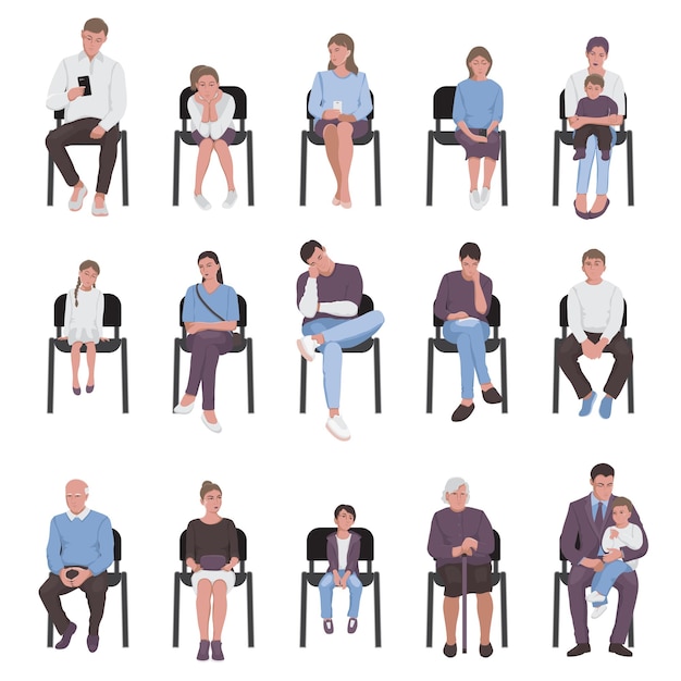 Adults and children sitting on chairs and waiting in the queue set