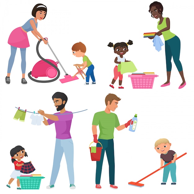 Adults and kids cleaning together. Children helping their parents with housework. Family in various cleaning positions cartoon  illustration.