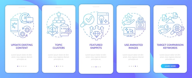Advanced SEO techniques blue gradient onboarding mobile app screen