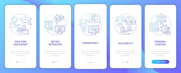 Advantages of elearning blue gradient onboarding mobile app screen Walkthrough 5 steps graphic instructions pages with linear concepts UI UX GUI template Myriad ProBold Regular fonts used