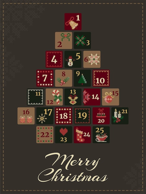 Vector advent calendar christmas tree in cross stitch style