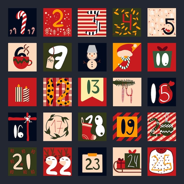 Advent calendar. December. Gifts calendar. Christmas poster countdown printable tags numbered poster