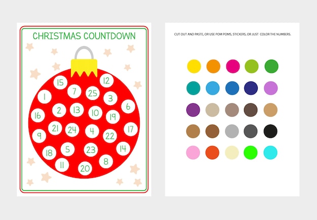 Advent calendar for kids. Christmas countdown. Christmas ball with numbers 1 to 25. Preschool