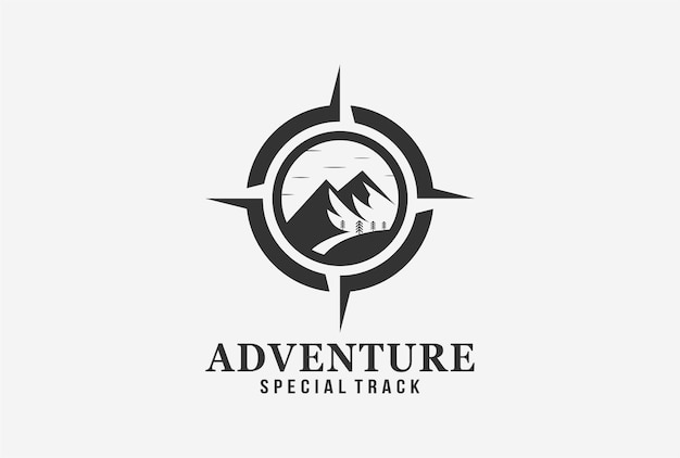 Adventure emblem logo design with mountain and compass element.