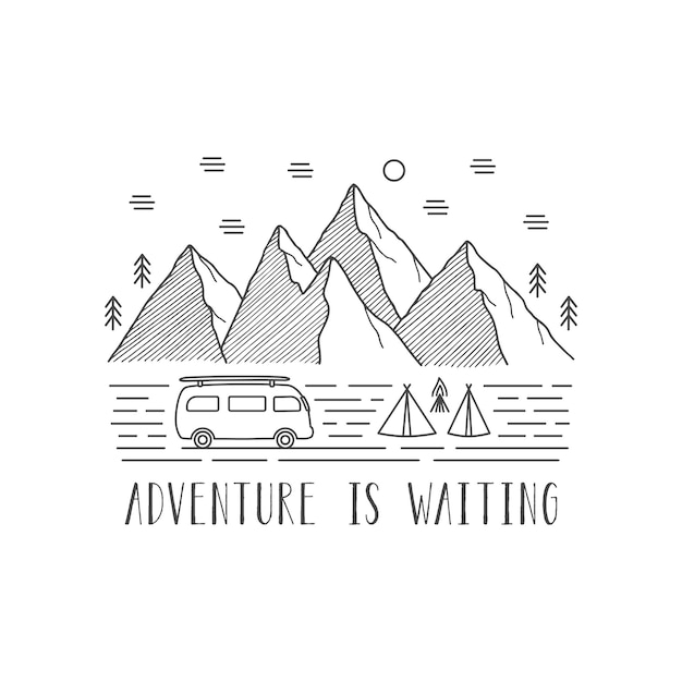 Adventure is waiting hand lettering with camping and mountain view