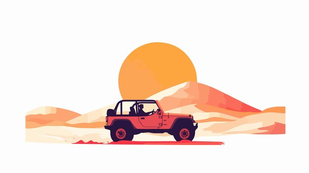 Vector adventure person riding jeep through sand dunes