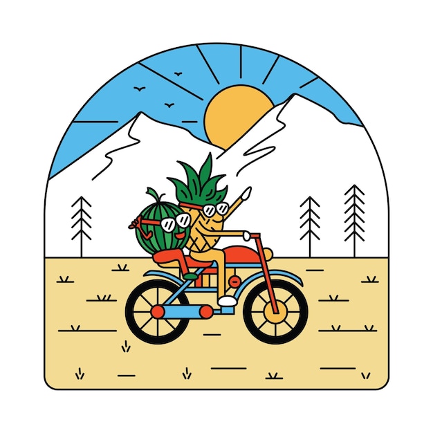 Adventure pineapple and watermelon with bicycle in the nature graphic illustration vector art tshirt design