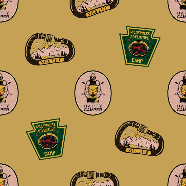 Adventure seamless pattern with camping labels badges. Happy camper text. Travel wallpaper background.