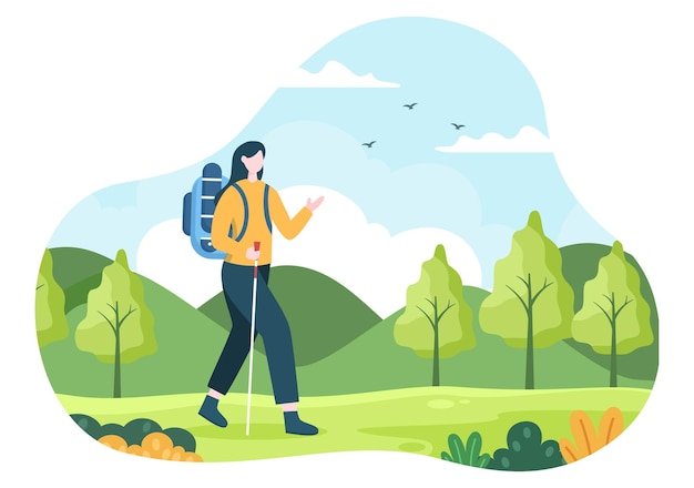 Adventure Tour on the Theme of Climbing or Vacation with Forest and Mountain Views in Illustration