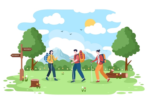 Adventure Tour on the Theme of Climbing or Vacation with Forest and Mountain Views in Illustration