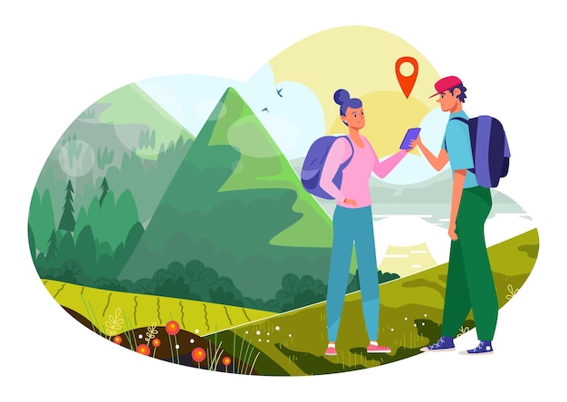 Vector adventure trip concept vector illustration flat couple man woman character travel together at summer vacation holiday people hold smartphone