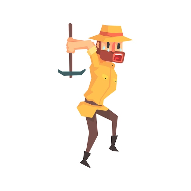 Adventurer Archeologist In Safari Outfit And Hat Working With Pick Axe Illustration From Funny Archeology Scientist Series