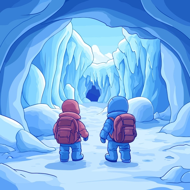 Vector adventurous journey through cartoon ice caves vector illustration