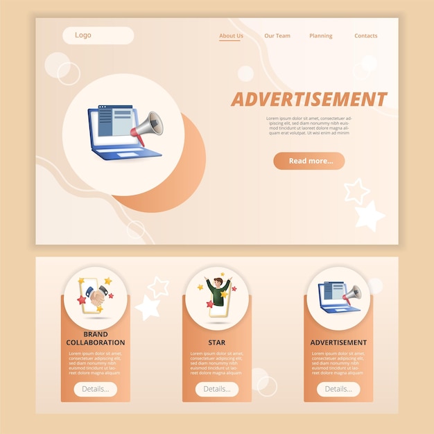 Advertisement flat landing page website template brand collaboration star advertisement web banner