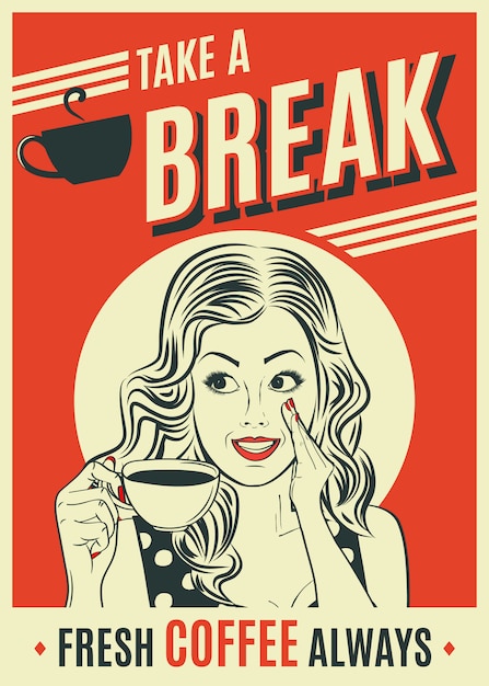 Advertising coffee retro poster with pop art woman. 