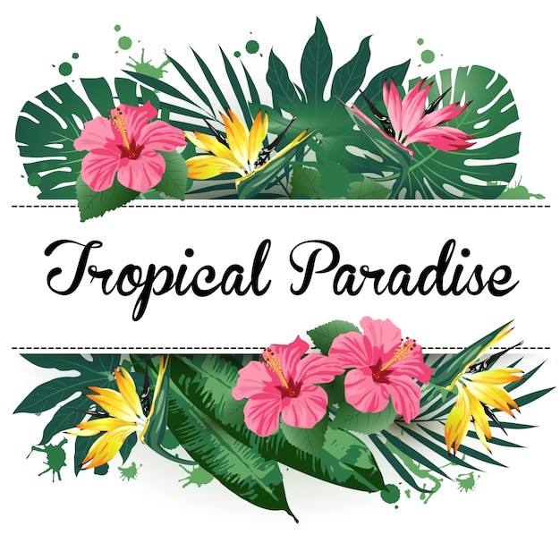 Advertising emblem with type design and tropical flowers and plants