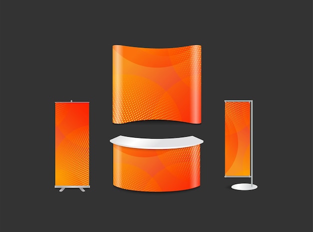 Advertising exhibition stand design with Minimal geometric background. Orange elements with fluid gradient, Vector illustration