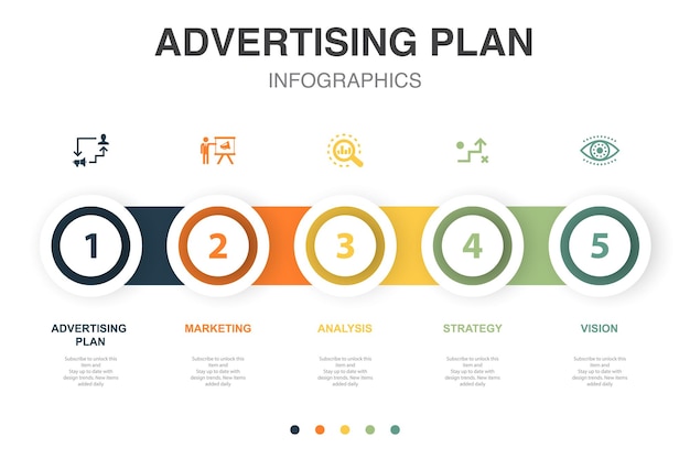 Advertising Plan marketing analysis strategy vision icons Infographic design template Creative concept with 5 steps