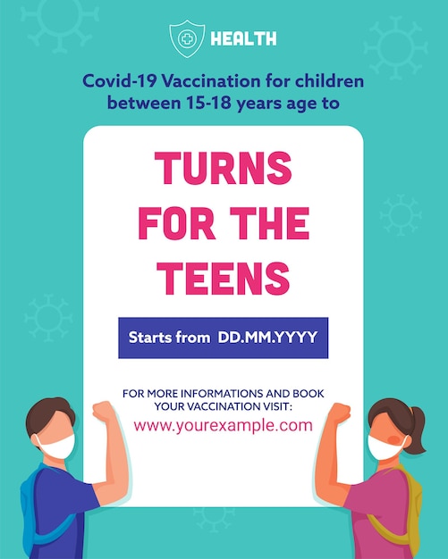 Advertising Poster Or Template Of Covid-19 Vaccine Available For Children Between 15-18 Year Age With Teenage Boy And Girl Wear Safety Mask.