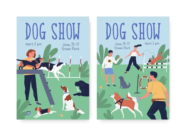 Advertising posters for dog agility show. Cynologist training performance at playground. Vertical placards for pet competition. Scene with trained puppies. Vector illustration in flat cartoon style.