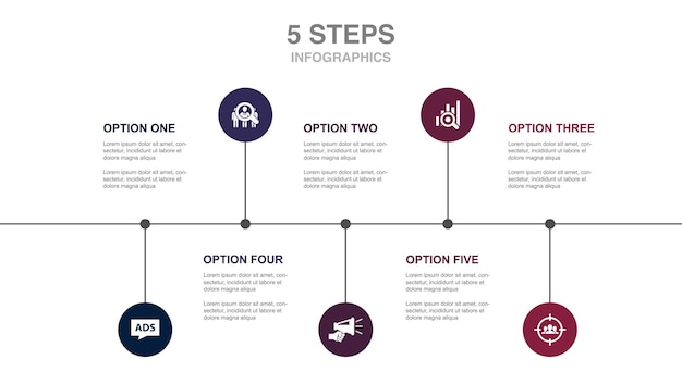 Advertising Promotion Target group Audience Market research icons Infographic design layout template Creative presentation concept with 5 steps