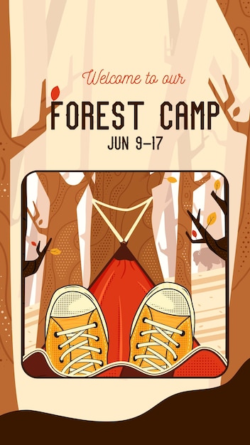 Adveture Summer Camp Social media post template with camper chilling in hammock in the forest Classic camping invitation stories design Stock vector poster graphics