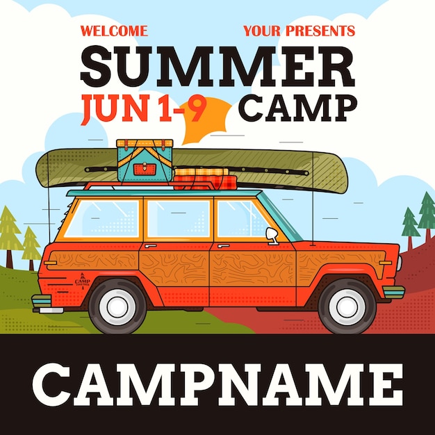 Adveture Summer Camp Social media post template with retro camper car Classic camping invitation card design Stock vector poster graphics