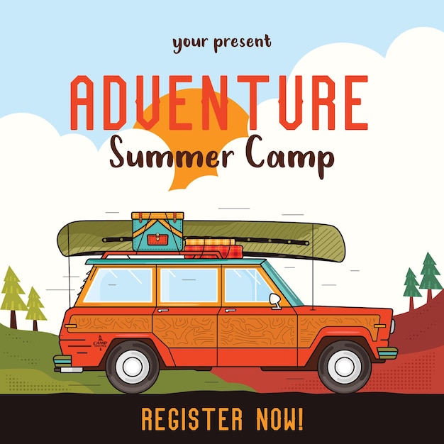 Adveture Summer Camp Social media post template with vintage camper car Classic camping invitation card design Stock vector poster graphics