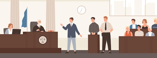 Advocate or barrister giving speech in courtroom in front of judge and jury. Legal defence, public hearing and criminal procedure at court or tribunal. Flat cartoon colorful vector illustration.