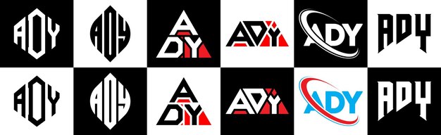 Vector ady letter logo design in six style ady polygon circle triangle hexagon flat and simple style with black and white color variation letter logo set in one artboard ady minimalist and classic logo