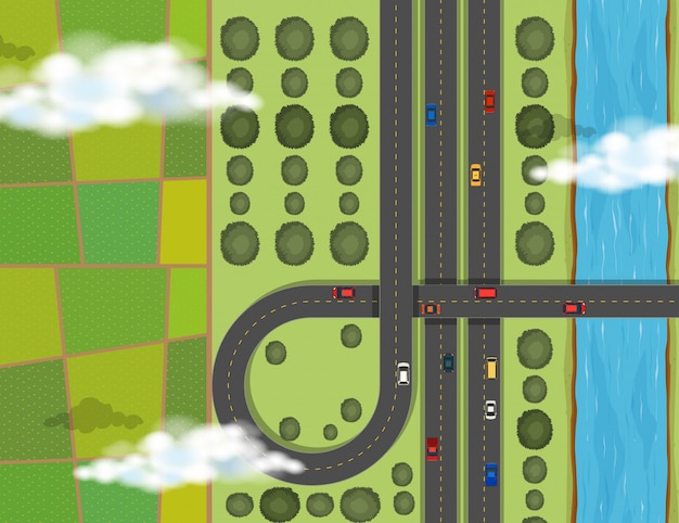 Vector aerial scene with cars on highway