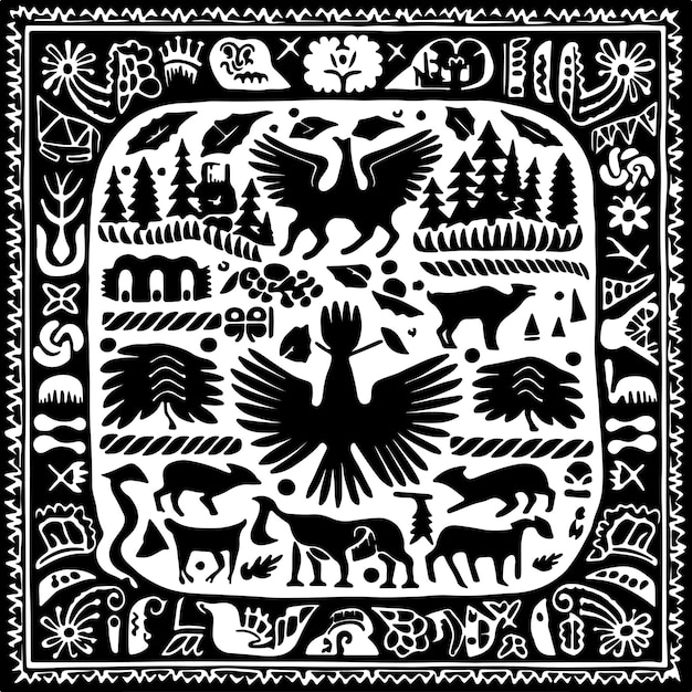 Aerial and spaced out elements medieval style Paper cut black on white spaced out pattern