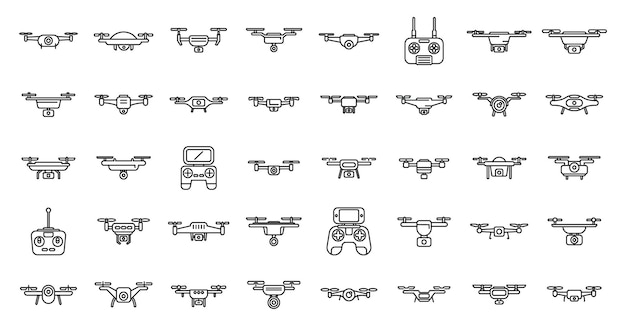 Aerial videography icons set outline vector Drone camera