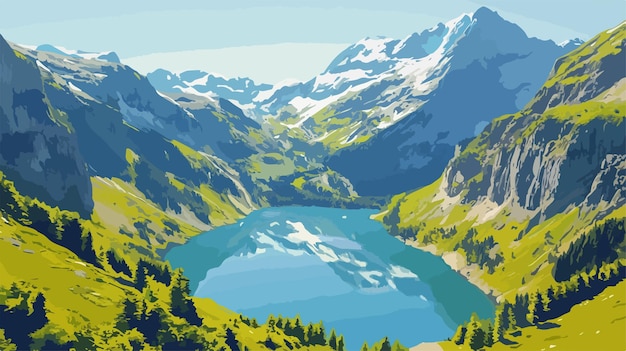 Vector aerial view of alpine oeschinen lake in oesch switzerland