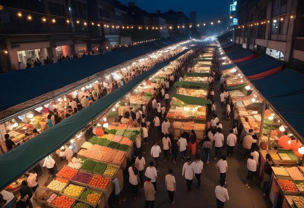 Vector aerial view of a busy night market with many stalls