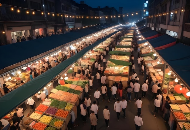 Vector aerial view of a busy night market with many stalls