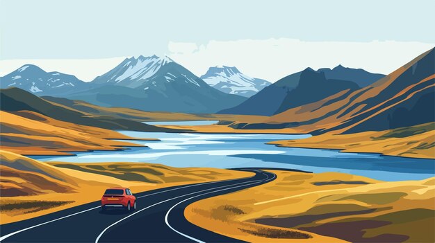 Vector aerial view of car traveling through icelandic landscape