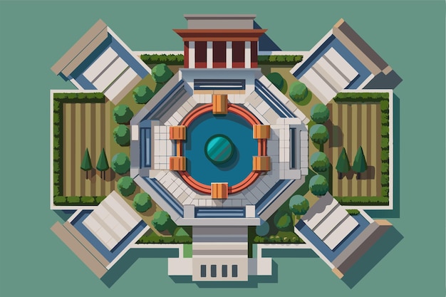 Vector aerial view of geometric garden with central fountain