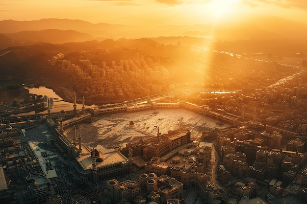 Vector aerial view of the holy mecca realistic photo cinematic light of the golden hour cinematic color gra