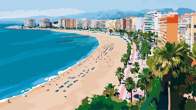 Vector aerial view of la malagueta beach in malaga flat