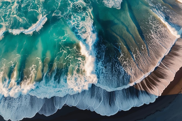 Vector aerial view of the ocean with waves and a black sand beach aerial view to ocean waves