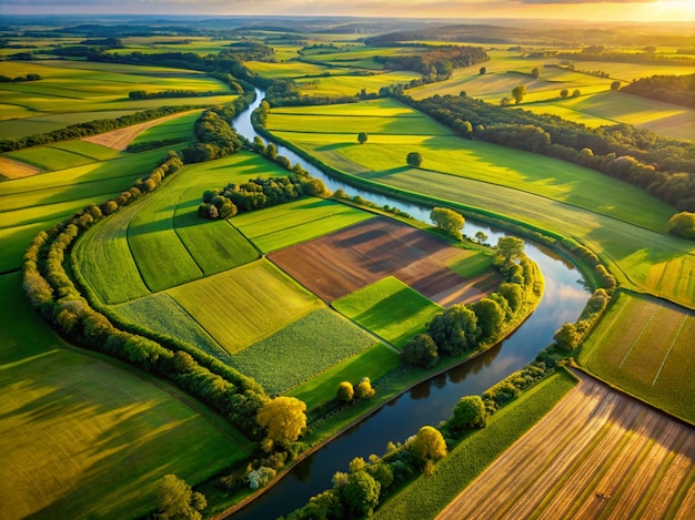 Vector aerial view of a river winding through green farmland at sunset