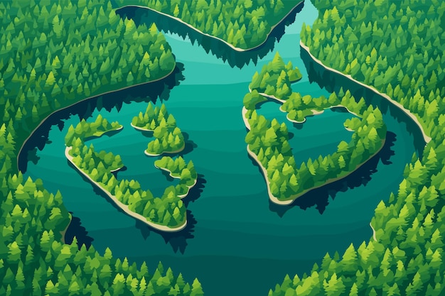 Vector aerial view of a serene river flowing through a lush forest