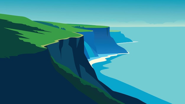 Vector aerial view showcasing the vast ocean meeting lush green cliffs under a clear blue sky highlighting natures beauty flat vector illustration