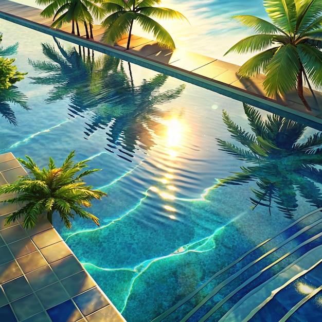 Aerial View of a Swimming Pool with Palm Trees and Sunlight