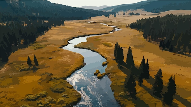 Vector aerial view of tensleep creek flowing in breathtaking landscape