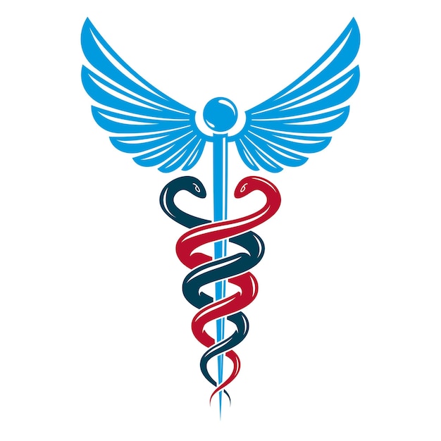 Aesculapius vector abstract emblem composed using wings and snakes best for used in pharmacy advertisement.